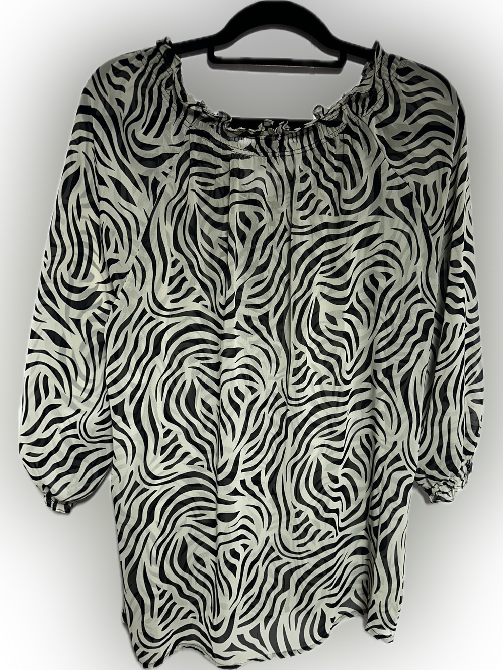 East 5th Black & White Zebra-Print Tie-Neck Blouse - Picture 3 of 5